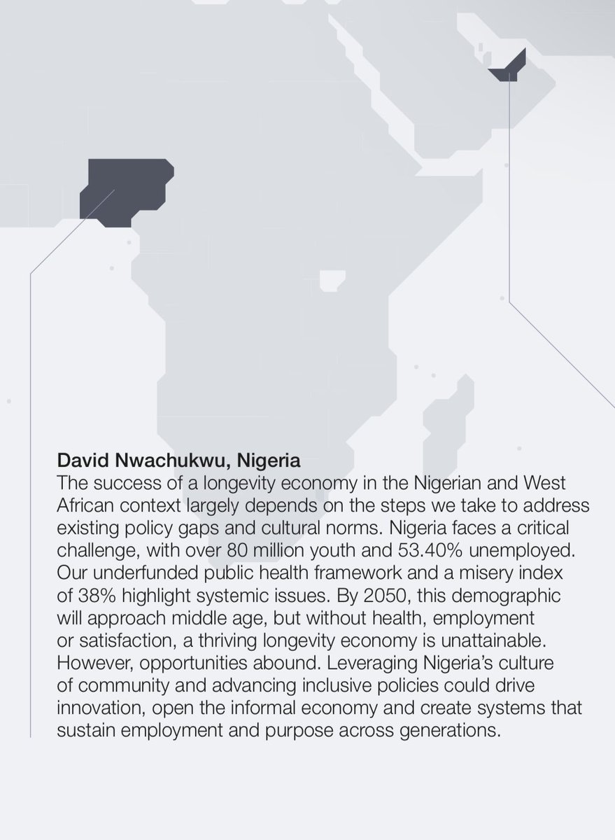 thedavidnwa's tweet image. 💡 Thrilled to contribute my insights to a new white paper published by @wef in collaboration with @mercer. I join 24 other members of the @GlobalShapers Longevity Economy Taskforce to share perspectives on how to build more resilient societies. Read more: wef.ch/longevityecono…