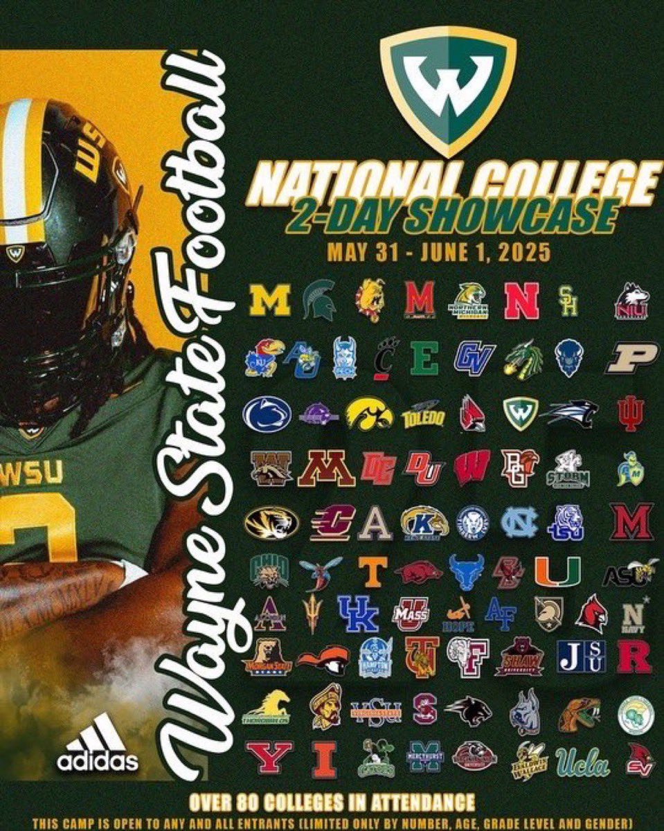 I will be attending the <a href="/WSUWarriorFB/">Wayne State Football</a> national showcase on May 31st session 2! <a href="/CoachASaleh/">Ahmed Saleh</a> <a href="/CoachWozniakTE/">Brian Wozniak</a> <a href="/DLCoachLegi/">Legi Suiaunoa</a> <a href="/CoachChadSavage/">Chad Savage</a> @coachantj0hnson <a href="/CoachLouisGVSU/">Jim Louis</a> <a href="/CoachLT39/">Lance Taylor</a> <a href="/CoachOverton_/">Tito Overton</a> <a href="/CoachRudyG/">Coach Rudy Griffin</a> <a href="/247Sports/">247Sports</a> <a href="/AllenTrieu/">Allen Trieu</a>