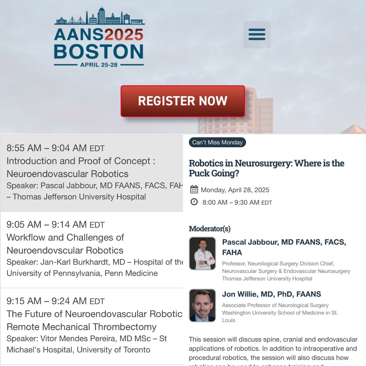 Pascal Jabbour MD, FAANS, FACS, FAHA (@pascaljabbourmd) on Twitter photo Do you want to learn about Robotics in Neurosurgery ? Join us for this special session at the annual meeting of the <a href="/AANSNeuro/">AANS</a> <a href="/TJUHNeurosurg/">Jefferson Neurosurgery</a> <a href="/TJUHospital/">Jefferson Health</a> Do you want to learn about Robotics in Neurosurgery ? Join us for this special session at the annual meeting of the <a href="/AANSNeuro/">AANS</a> <a href="/TJUHNeurosurg/">Jefferson Neurosurgery</a> <a href="/TJUHospital/">Jefferson Health</a>