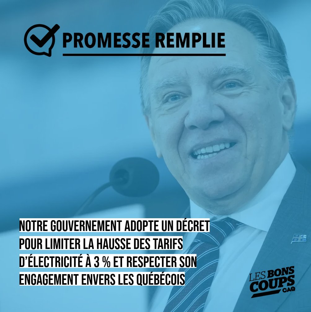 Tel que promis, notre gouvernement limite la hausse des tarifs d’électricité à 3 % au lieu des 3,6 % prévus par la Régie de l’énergie. 
Une mesure qui protège le portefeuille des ménages face à l’inflation!
Une action concrète pour maintenir des tarifs abordables et ainsi