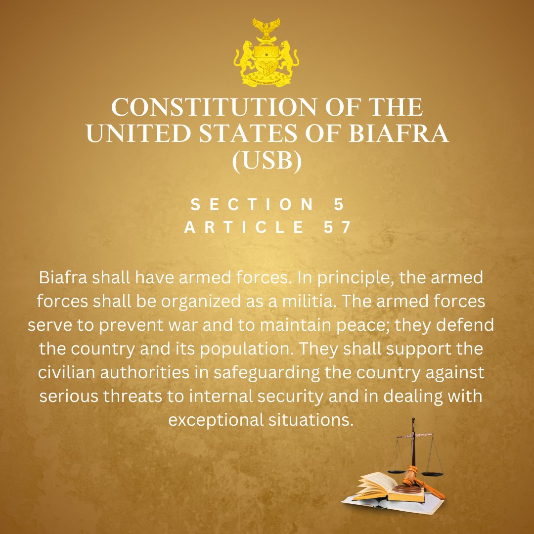 USBGovernment's tweet photo. The Deputy Prime Minister @USBDPM has mandated the defense and protection of our 40 confederating states in the hands of each State Governor and his/her Chief executive, overseen by the overall defense commander in homeland.

Following the continues genocide by the occupying Nigerian regime against our citizens, the DPM emphasized that it has become necessary to ensure that the section 5, article 57 of the United States of Biafra's Constitution comes into full force.

Section 5, Article 57
Biafra shall have armed forces. In principle, the armed forces shall be organized as a militia. The armed forces serve to prevent war and to maintain peace; they defend the country and its population. They shall support the civilian authorities in safeguarding the country against serious threats to internal security and in dealing with exceptional situations.