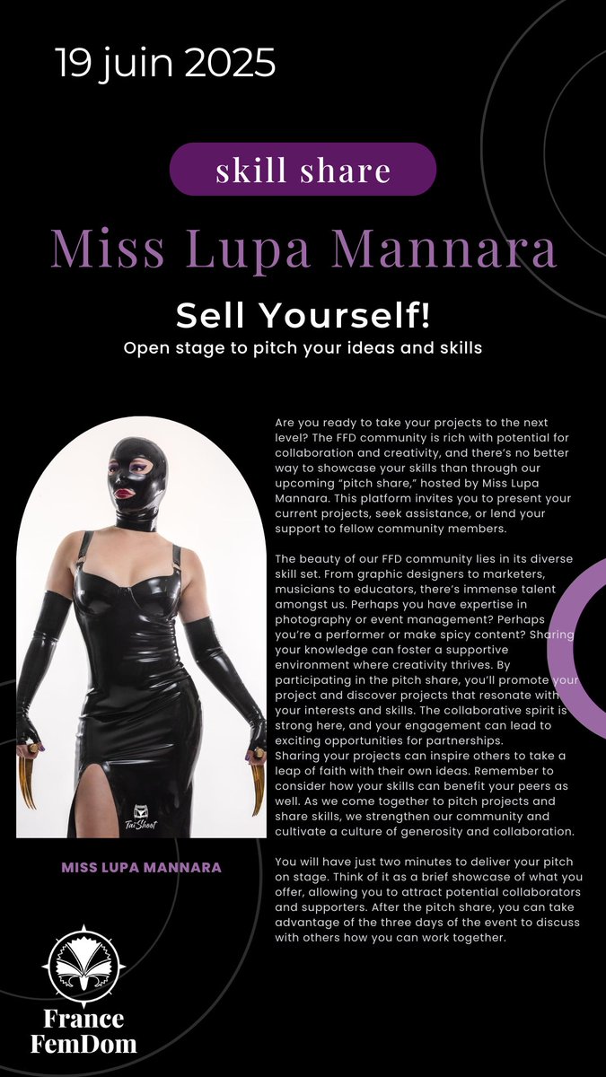 France FemDom (@fetesdesdames) on Twitter photo The bilingual pitch share will be hosted by <a href="/MsLupaMannara/">Miss Lupa Mannara 🐺 London April 23rd-May 7th</a> and sponsored by @joyclub_fr.
This is the opportunity to collaborate with other creators, find new partnerships, and gain new skills.
Tickets at FranceFemDom.com. The bilingual pitch share will be hosted by <a href="/MsLupaMannara/">Miss Lupa Mannara 🐺 London April 23rd-May 7th</a> and sponsored by @joyclub_fr.
This is the opportunity to collaborate with other creators, find new partnerships, and gain new skills.
Tickets at FranceFemDom.com.