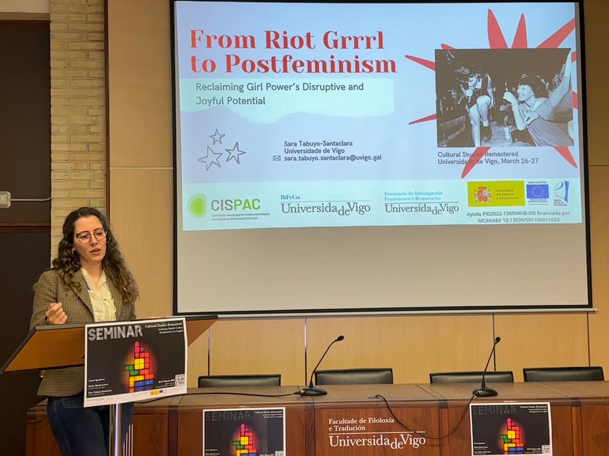 cstudiesvigo's tweet photo. Today's plenary is given by soon-to-be-doctor Sara Tabuyo Santaclara. On top of being an outstanding person, her cv talks by itself.

Currently, she is working on notions of girlhood, the "riot grrrl", "girl power", and postfeminism.

Thank you, Sara :)

#Gurrrrl https://t.co/9kjFbZaF0E