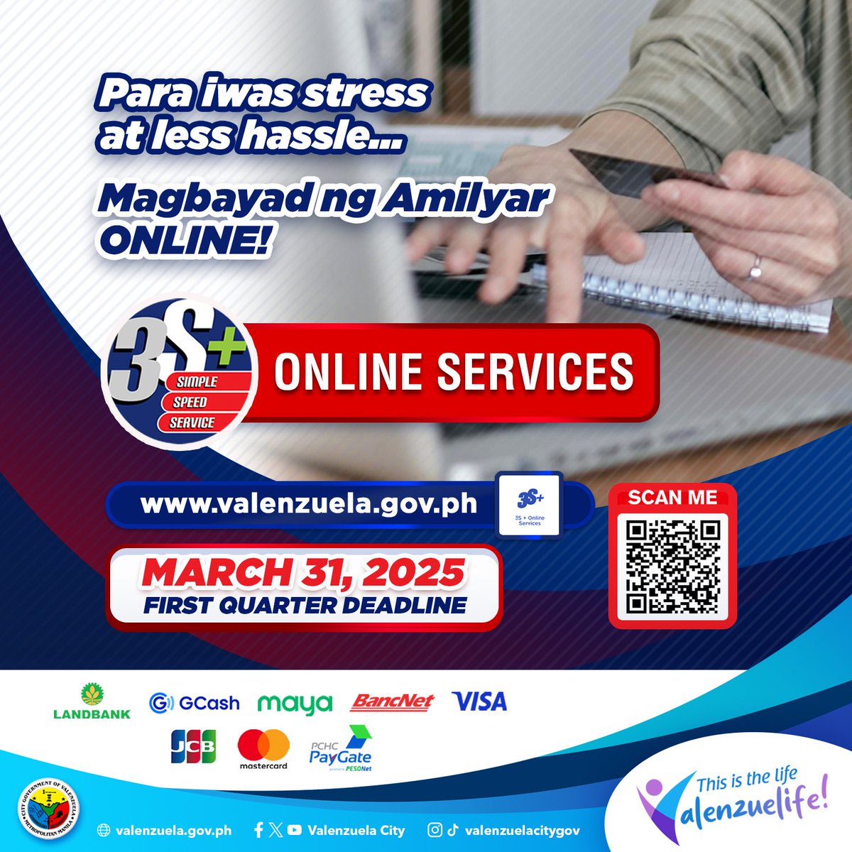 valenzuelacity's tweet photo. Mas pinadali ang pagbabayad ng amilyar online!
Bisitahin at magbayad sa ating 3S+ Online Services! I-scan ang QR Code at i-click ang 3S+ Online Services button upang simulan ang inyong transaksyon.
#Valenzuela #ValenzuelaNews #RealPropertyTax #Amilyar https://t.co/12w5A9dUqI