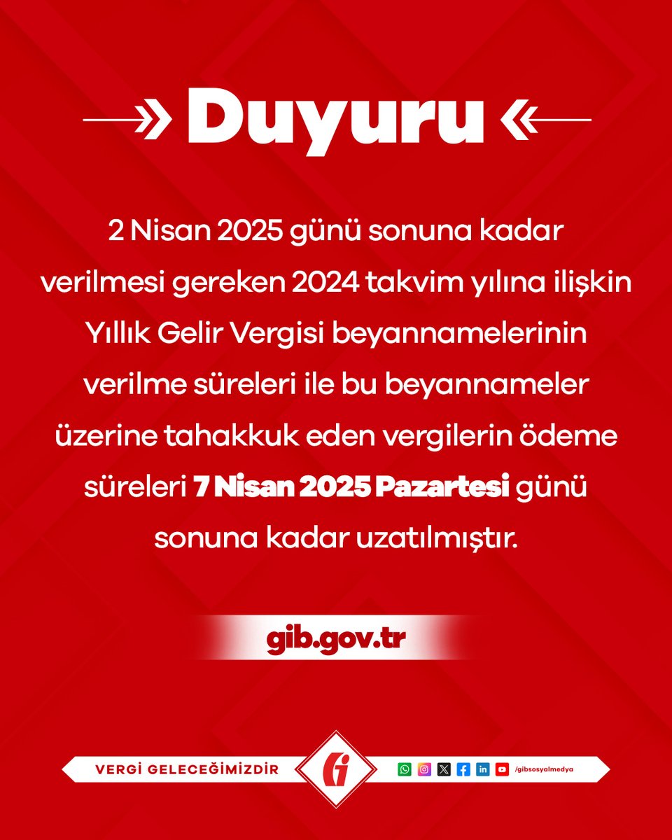 2 Nisan 2025 günü sonuna kadar verilmesi gereken 2024 takvim yılına ilişkin Yıllık Gelir Vergisi beyannamelerinin verilme süreleri ve bu beyannameler üzerine tahakkuk eden vergilerin ödeme sürelerinin uzatılmasına ilişkin 185 Sıra No'lu Vergi Usul Kanunu Sirküleri’ne sitemizden