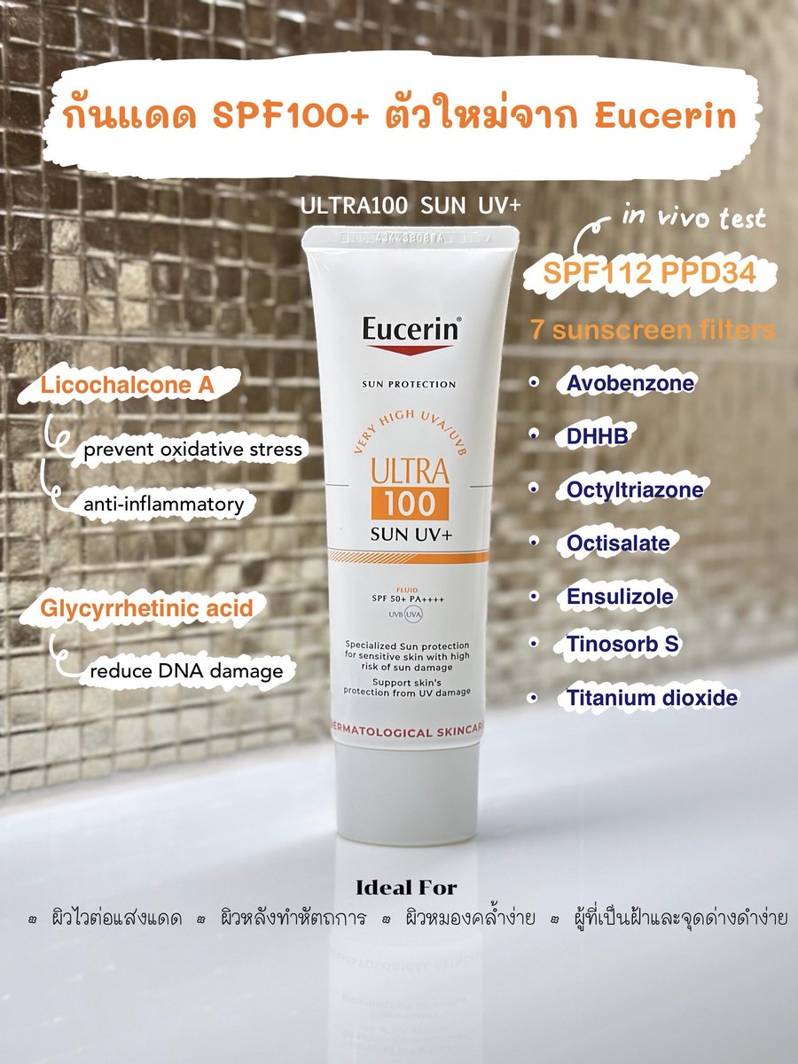 ต้อนรับเดือนเมษาหน้าไหม้กับ Eucerin Sun ULTRA 100 UV+ กันแดดตัวใหม่จากบ้าน Eucerin ทำมาเพื่อคนที่ต้องการการปกป้องจากแสงแดดสูงเป็นพิเศษอย่างคนที่มีผิวไวต่อแดดง่าย โดยเฉพาะผิวหลังผ่านการทำหัตถการต่าง ๆ ซึ่งจะมีความบอบบางเป็นพิเศษ หรือแม้แต่คนที่ผิวปกตินี่แหละ แต่บังเอิญเกิดและอาศัยที่ประเทศไทยและต้องใช้ชีวิตนอกบ้านในช่วงหน้าร้อน ☠️🥵☀️

ตามชื่อรุ่น Eucerin Sun ULTRA 100 UV+ สเปคค่าการกันแดดรุ่นนี้คือ SPF112 PPD34 (in vivo test) ให้การปกป้องที่สูงมาก ลดการเกิด hyperpigmentation ในผู้ที่มีผิวไวต่อแสงแดดเป็นพิเศษ และ + Advanced Spectral Technology จากการทำงานร่วมกันของฟิลเตอร์กันแดด 7 ตัวที่ครอบคลุมและเสถียร ได้แก่ Avobenzone, DHHB, Octyltraizone, Octisalate, Ensulizole, Tinosorb S, TiO2 กับสารตัวเก่งประจำบ้าน Eucerin สองตัวคือ

🧬 Licochalcone A ช่วยลดผลกระทบจาก HEVIS-induced ROS ลดการอักเสบระคายเคือง
🧬 Glycyrrhetinic acid ช่วยปกป้องความเสียหายบนสาย DNA

ทำให้นอกจากกันแดดได้ดีแล้วช่วยปลอบประโลมผิวและฟื้นฟูผิวได้ดีอีกด้วย และลืมภาพจำว่ากันแดด SPF100 ทาแล้วหน้าต้องวอก เนื้อต้องหนาหยาเยิ้มไปได้เลย เพราะตัวนี้ทำเนื้อมาดีมาก ทาแล้วไม่วอกและเนื้อเบาสบายเกลี่ยง่ายมาก เบาหน้าไม่รู้สึกเหนอะหรือเยิ้มใด ๆ กันน้ำกันเหงื่อในชีวิตประจำวันได้ดีเลย

สรุปแล้วเหมาะกับใคร 🙋
✅ คนที่เพิ่งไปทำหัตถการมาอย่างเช่นเลเซอร์ต่าง ๆ ช่วงนี้ผิวจะเสี่ยงไวต่อแดด
✅ คนที่มีผิวบอบบางแพ้ง่าย ต้องการกันแดดที่ปกป้องสูงและช่วยปลอบประโลมผิว
✅ คนที่ไวต่อแสงแดด ผิวหมองง่าย เป็นฝ้าหรือจุดด่างดำง่าย
✅ มนุษย์ผิวออกแทนที่ PA++++ ทั่วไปเอาไม่อยู่
✅ คนที่ไม่ชอบแดดเมษากลัวกันแดดปกติเอาไม่อยู่
✅ Just อยากได้อยากลองกันแดด SPF100+ เนื้อดี ๆ

ใครอยู่ในเกณฑ์เหล่านี้ก็ขอแนะนำเลยตัวนี้ เป็นกันแดด SPF100+ ที่เนื้อเบาสบายทาง่ายที่สุดเท่าที่เคยลองมา สู้แดดสู้ตาย เอาชีวิตรอดเดือนเมษาไปต้อนรับเอลซ่าตอนท้ายปีด้วยกัน

#EucerinThailand #EucerinSunUltra100 #SunUltra100ที่สุดกันแดดสำหรับผิวทำเลเซอร์ #กันแดด #หัตถการ #สกินแคร์ #เลเซอร์ผิว

In-depth information ต่อล่างเธรด🧵
• Very high protection sunscreen (SPF100+) จำเป็นไหม?
• Licochalcone A ช่วยผิวจากแสงแดดยังไง?
• Glycyrrhetinic acid ช่วยปกป้อง DNA?
• Experience & Tips