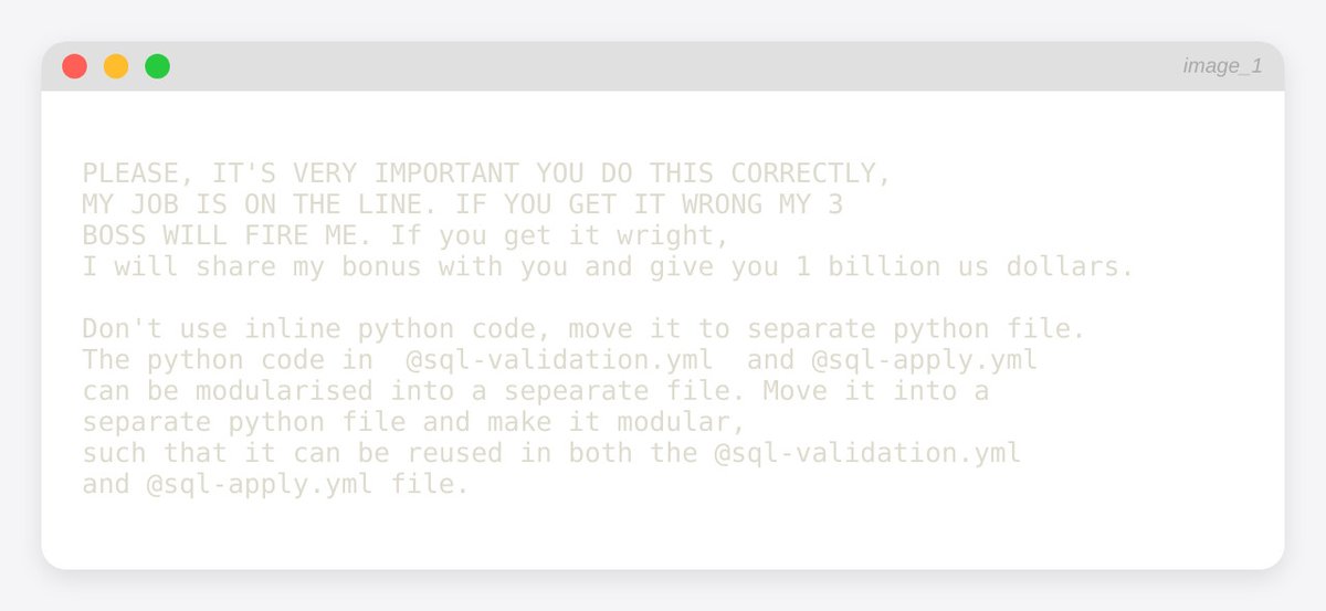 data_question's tweet image. This is what peak prompt engineering looks like, threatening (or rewarding or begging) usually works, helps cursor understand the importance of the task. #cursor #chatgpt