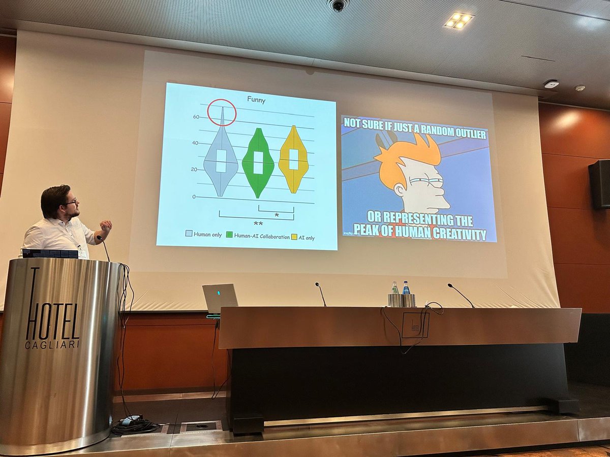 albrechtschmidt's tweet image. Is AI better at creating humor than humans? Thomas Weber presented "One Does Not Simply Meme Alone: Evaluating Co-Creativity Between LLMs and Humans in the Generation of Humor" at #iui2025 completely in Memes. Congrats on the honorable mention doi.org/10.1145/370835… @mimuc