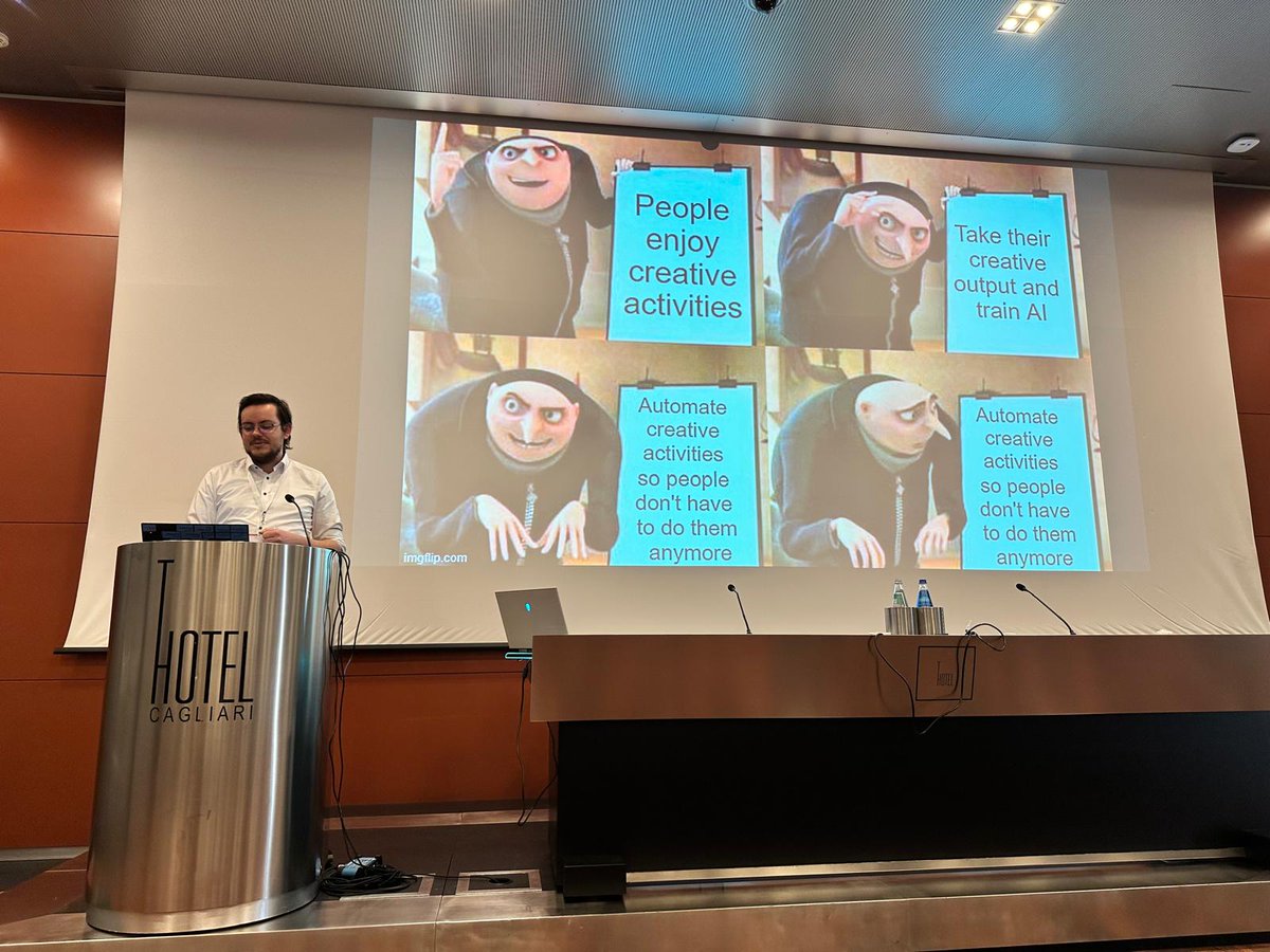 albrechtschmidt's tweet image. Is AI better at creating humor than humans? Thomas Weber presented "One Does Not Simply Meme Alone: Evaluating Co-Creativity Between LLMs and Humans in the Generation of Humor" at #iui2025 completely in Memes. Congrats on the honorable mention doi.org/10.1145/370835… @mimuc