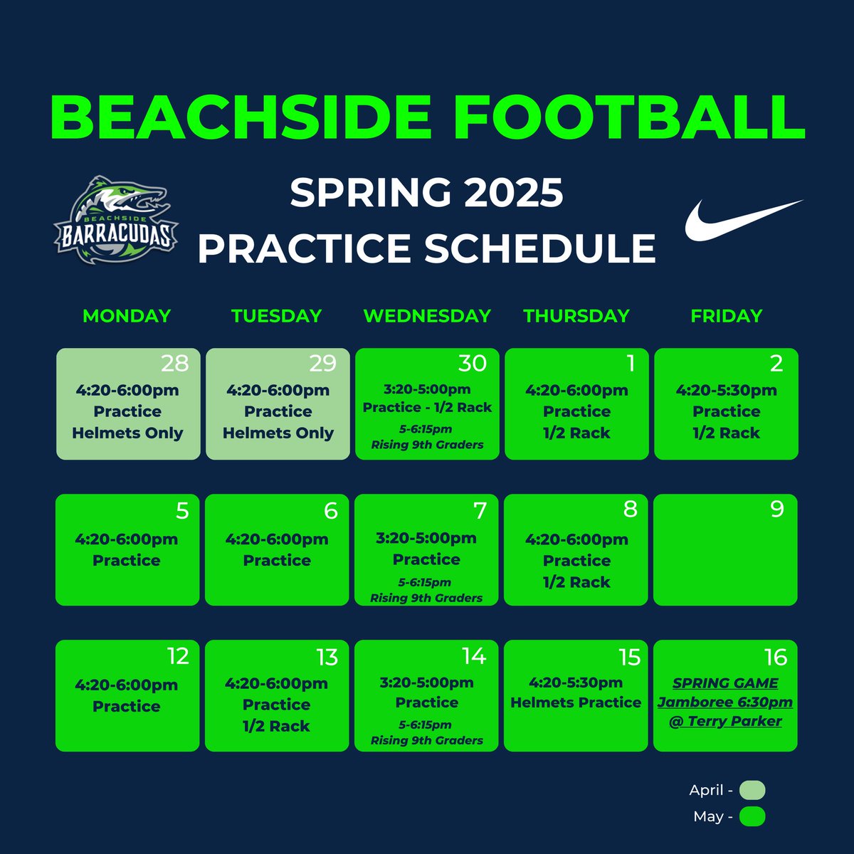 2025 Spring Football Schedule

All College Coaches are invited to attend any of our spring practices! Feel free to reach out if you need any information on our next level athletes! 

#BarracudaNation #BeachsideMade #LetsGetlt