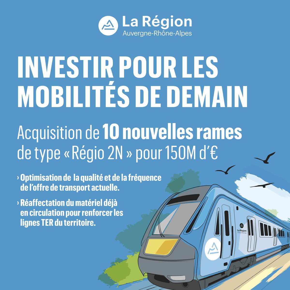 ✅ Dans le cadre de sa feuille de route « Mobilité positive du quotidien - Cap sur 2035 », l’assemblée régionale vient de voter l’acquisition de 10 nouvelles rames de type « Régio2N » pour 150M d’€, afin de préparer les mobilités de demain.