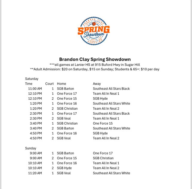 Southeastern Girls Basketball 17u Select 40 (@sgb_17uselect40) on Twitter photo Schedule for our <a href="/sgb_club/">Southeastern Girls Basketball</a> teams this weekend. Looking forward to a great weekend on the hardwood with <a href="/BrandonClayPSB/">B r a n d o n C l a y</a> Good luck girls and leave it all on the floor!! SGB STRONG!! Schedule for our <a href="/sgb_club/">Southeastern Girls Basketball</a> teams this weekend. Looking forward to a great weekend on the hardwood with <a href="/BrandonClayPSB/">B r a n d o n C l a y</a> Good luck girls and leave it all on the floor!! SGB STRONG!!