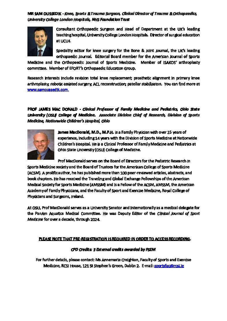Less than 2 weeks to go - FSEM Spring Symposium ‘Sports Injuries &amp; Athletic Development in the Young Athlete’ 9th April. 
5 speakers &amp; 5 students are presenting at this event.  Speakers bios below. To register:
fsem.ie/upcoming-event…
3 External CPD Credits awarded by FSEM