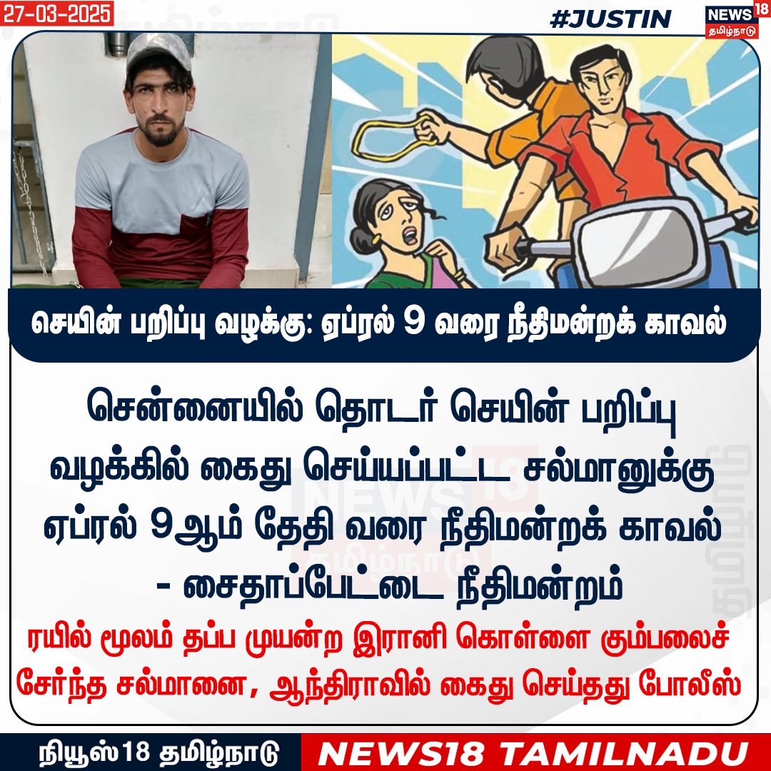 News18TamilNadu's tweet image. சென்னையில் தொடர் செயின் பறிப்பு வழக்கில் கைது செய்யப்பட்ட சல்மானுக்கு ஏப்ரல் 9ஆம் தேதி வரை நீதிமன்றக் காவல்
#ChainSnatch #News18tamilnadu News18Tamil.com