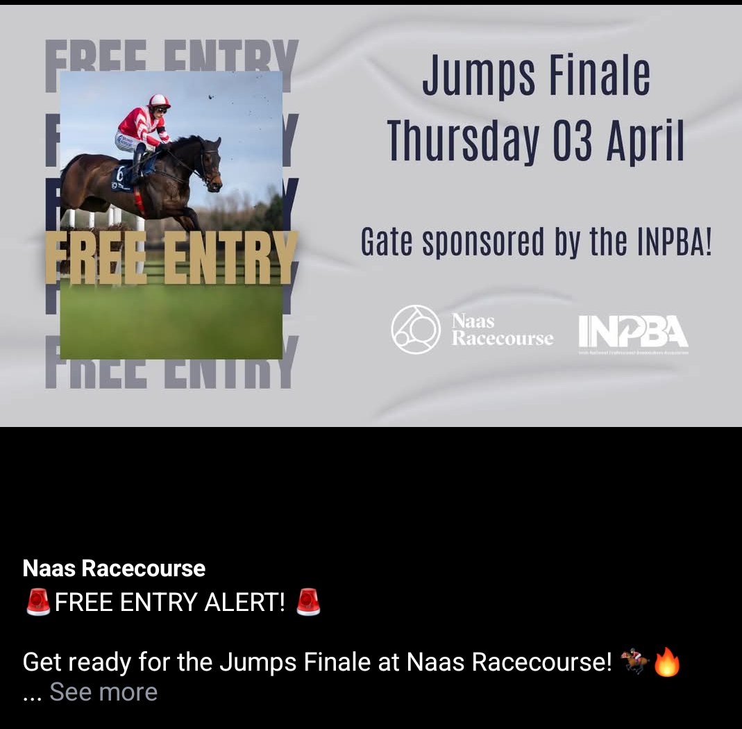 Irish National Professional Bookmakers Association (@inpbaoc) on Twitter photo Be our GUEST at Naas Racecourse on Thursday 3rd April 
Free Entry
Spread the word 
Courtesy INPBA Be our GUEST at Naas Racecourse on Thursday 3rd April 
Free Entry
Spread the word 
Courtesy INPBA