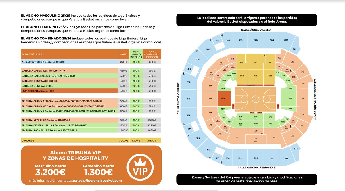 llebres11's tweet photo. 💵 Todos los precios de abono de Valencia Basket para la temporada 25-26 en el @RoigArena.

Desde 250€ (masculino) y 200€ (femenino). https://t.co/KmKIsU5gED