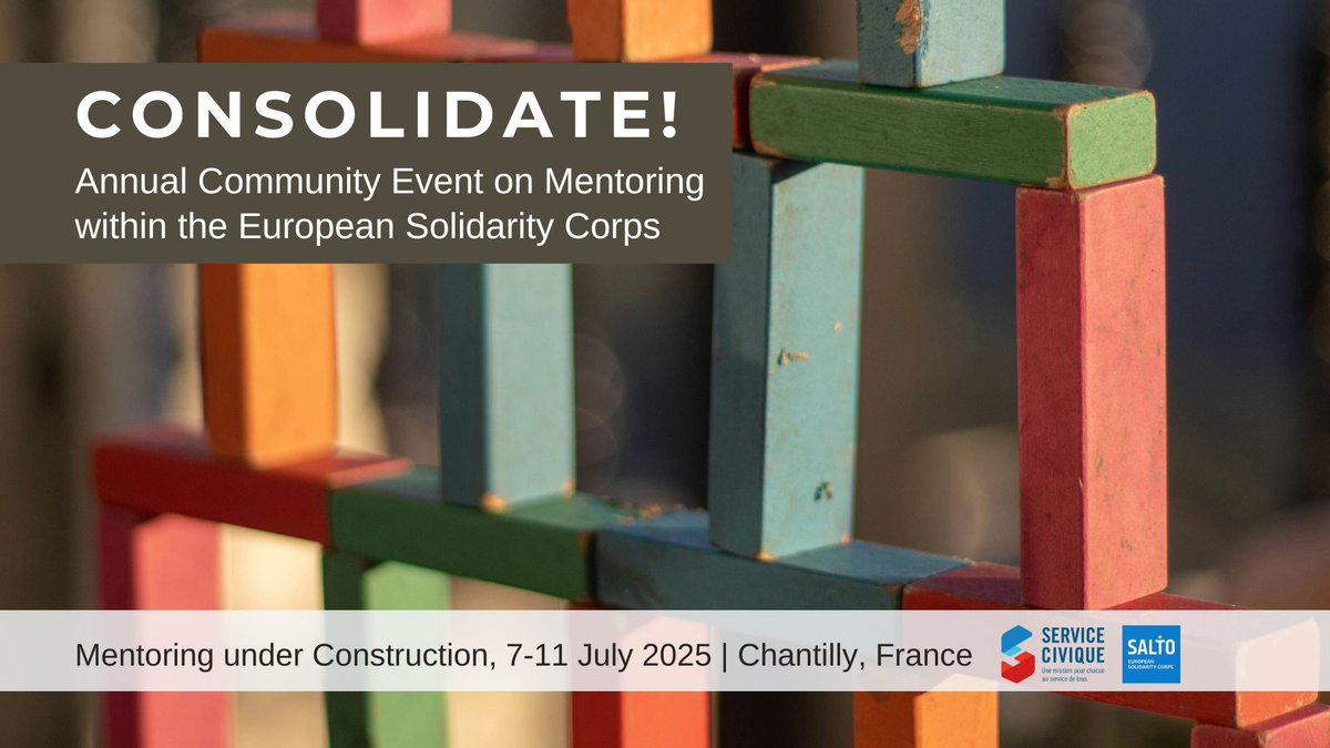 #MentoringunderConstruction – Consolidate! International Community Event on #Mentoring within #EuropeanSolidarityCorps programme
 📅  07.-11. July 2025 | Chantilly, France
❓ Check out the information and apply here: trainings.salto-youth.net/13280 
#training #SALTO #ESC #Community