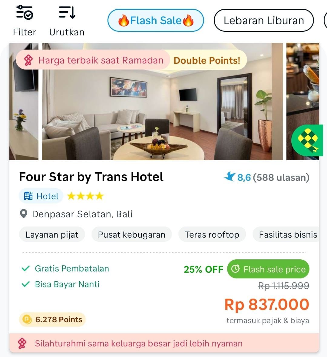 Waktu lebaran udah pasti ngumpul sama keluarga, tapi keknya lebih enak kalo kumpulnya sambil staycation. ayo beli pake promo #LebaranLiburanTraveloka yang diskon s.d 50% + kupon s.d Rp1jt sama ada Flash Sale 2X sehari jam 10:00-13:00 &amp; 20:00-22:00 WIB. jangan lupa cek apknya!