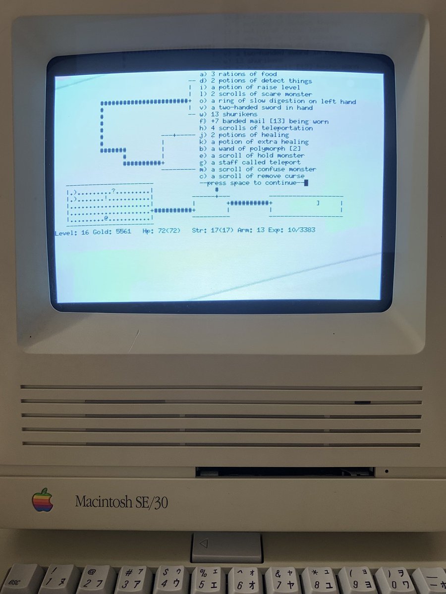 mcafe68's tweet image. #NetBSD 1.6.2 (古すぎ) mac68k
#rogue clone iii 
2日がかりの探検でダンジョンから生還！
Macintosh #se30 をリフレッシュした甲斐があった〜
アイテムを使い果たし、落とし穴で地下27階に落ちた時はもうダメかと