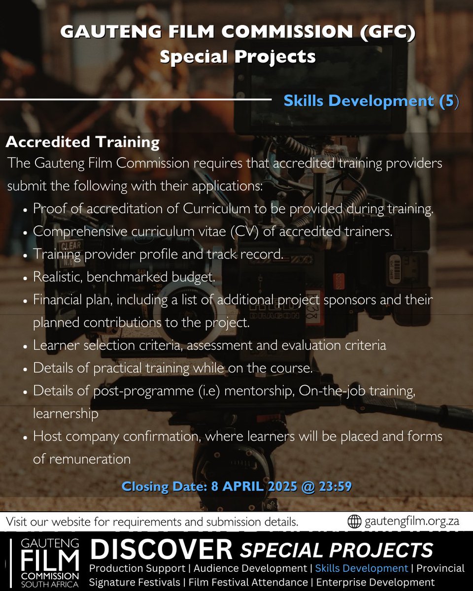 GautengFilmCom's tweet photo. ๐ Reminder: Ready to upskill or reskill? Apply now for funding through our accredited #SkillsDevelopment program and enhance your industry expertise! ๐โ
Donโt miss outโvisit the GFC website for more details.
#GFC #SkillsDevelopment #SpecialProjects #SupportingLocalTalent https://t.co/Kk46TUtnjF