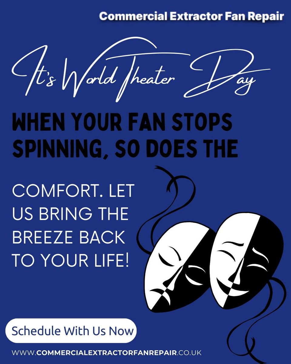 extfanrepair's tweet image. When your fan stops spinning, so does the comfort. Let us bring the breeze back to your life! 🌬️🔧 Happy World Theatre Day

0203 813 5932
commercialextractorfanrepair.co.uk

#commercialextractorfanrepairs #ExtractorFanRepairs #ExtractorFan #FanRepair #WorldTheatreDay