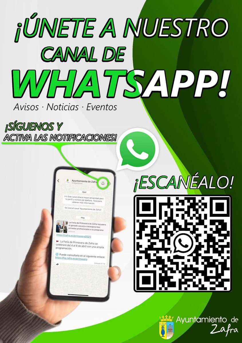 El Ayuntamiento de Zafra pone a disposición de toda la ciudadanía un Canal de WhatsApp.
Para SEGUIR este canal, deben pinchar en este enlace whatsapp.com/channel/0029Vb… o escanear el código QR. Pulsaremos en el botón "Seguir" y después en la campana que aparece en la parte superior.