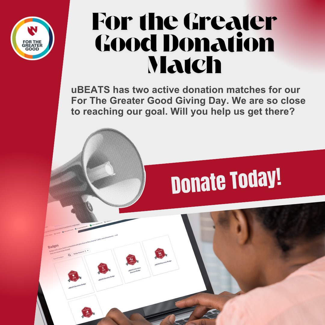We are only 3 donations away from unlocking our first match! A huge thank you to all who have donated to uBEATS in For the Greater Good Giving Day. Will you help us reach our goal? Donate today at go.unmc.edu/ubeats_givingd…