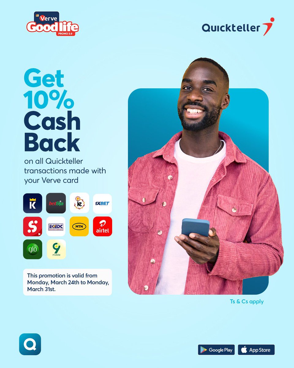 Quickteller (@quickteller) on Twitter photo Our friends at <a href="/VerveCard/">Verve Card</a> are rewarding us with 10% off every transaction on Quickteller! 🤯
From today to 31st, enjoy exclusive savings when you pay with your Verve card on Quickteller.
Hurry! Time is almost out. Visit quickteller.com to download today. Our friends at <a href="/VerveCard/">Verve Card</a> are rewarding us with 10% off every transaction on Quickteller! 🤯
From today to 31st, enjoy exclusive savings when you pay with your Verve card on Quickteller.
Hurry! Time is almost out. Visit quickteller.com to download today.