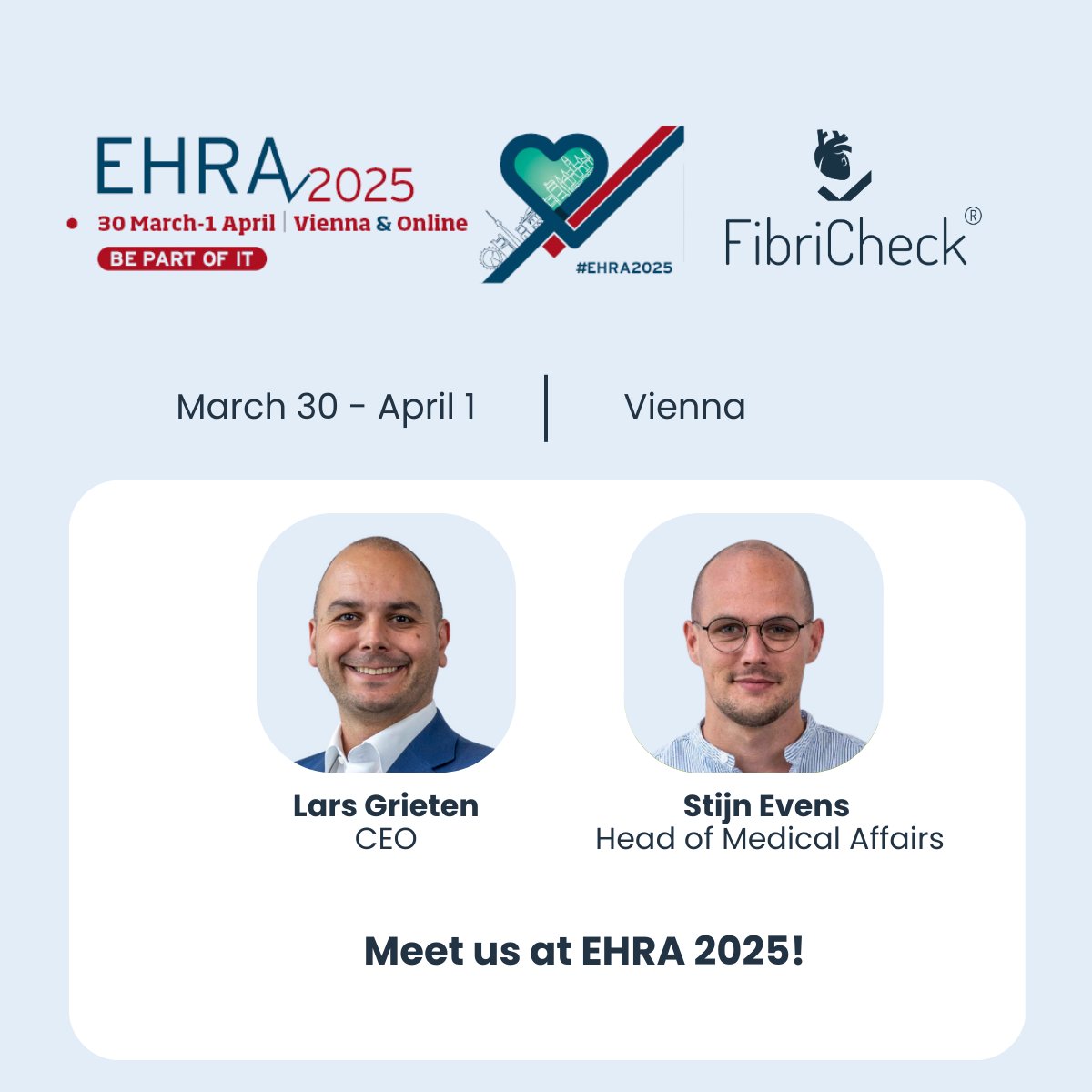 FibriCheck (@fibricheck) on Twitter photo Our team is attending #EHRA2025! We are excited to meet other innovators to discuss cutting-edge research in the field of heart health, as well as the possibilities of FibriCheck.
👉 Want to have a chat with us? Book a meeting via: bit.ly/4jbigTf
<a href="/EHRAPresident/">EHRAPresident</a> Our team is attending #EHRA2025! We are excited to meet other innovators to discuss cutting-edge research in the field of heart health, as well as the possibilities of FibriCheck.
👉 Want to have a chat with us? Book a meeting via: bit.ly/4jbigTf
<a href="/EHRAPresident/">EHRAPresident</a>