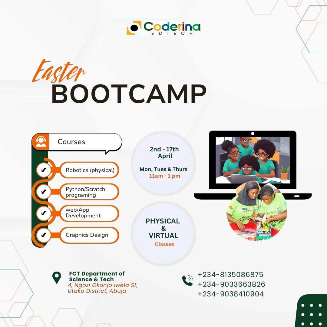 The Coderina Easter Bootcamp is where young innovators explore Robotics, Coding, App Development, and Graphics Design—learning, experimenting, and bringing ideas to life! 

 Don’t miss out—register now! 🔗(qrco.de/bfrNcd)

#CoderinaEasterBootcamp