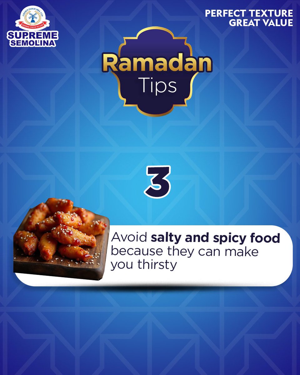 SupremeSemoNg's tweet image. Ramadan Kareem to our Supreme fam.
Here are some tips to help with your fast.
Tag someone in the comments who you know needs to see this.
 
#Supremesemolina #Supremeexperience
#PerfectTexture #GreatValue #Ramadan #RamadanMealprep