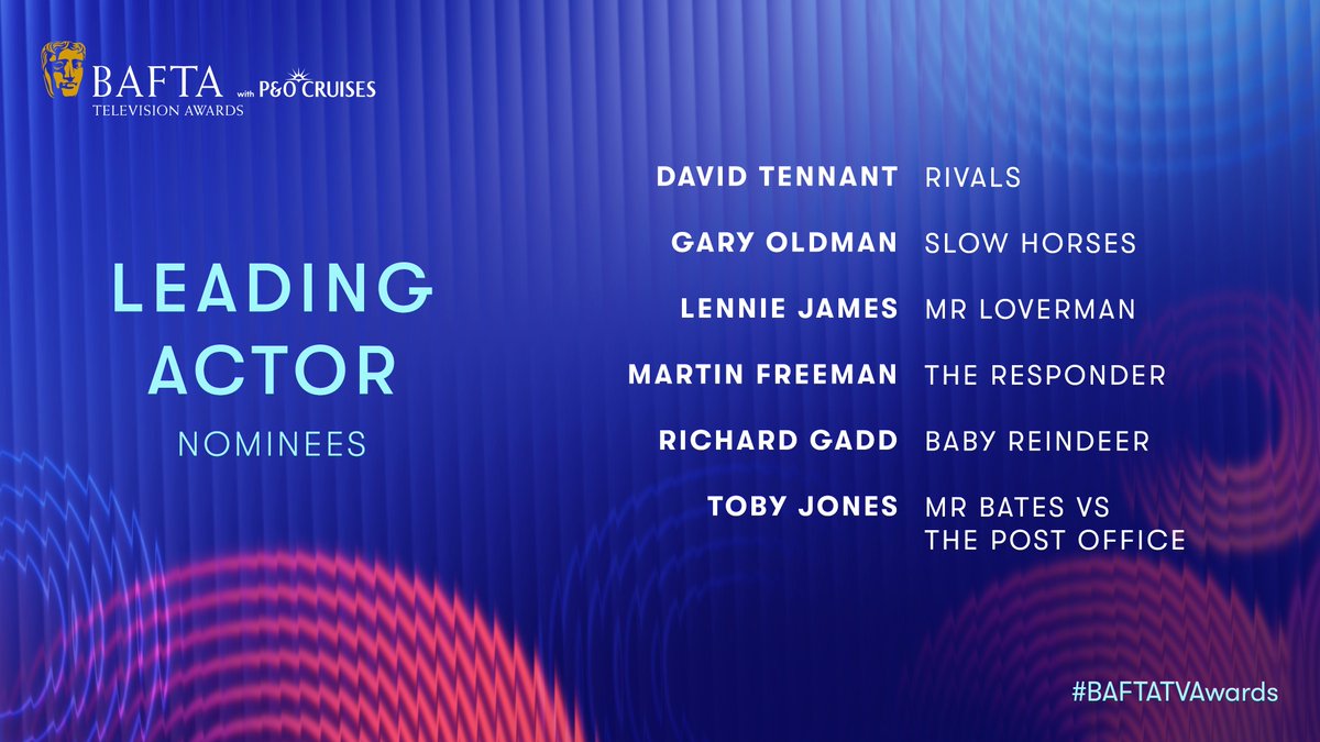 The nominees for Leading Actor are…

🎬 DAVID TENNANT – Rivals
🎬 GARY OLDMAN – Slow Horses
🎬 LENNIE JAMES – Mr Loverman
🎬 MARTIN FREEMAN – The Responder
🎬 RICHARD GADD – Baby Reindeer
🎬 TOBY JONES – Mr Bates vs The Post Office

#BAFTATVAwards with <a href="/pandocruises/">P&O Cruises</a>