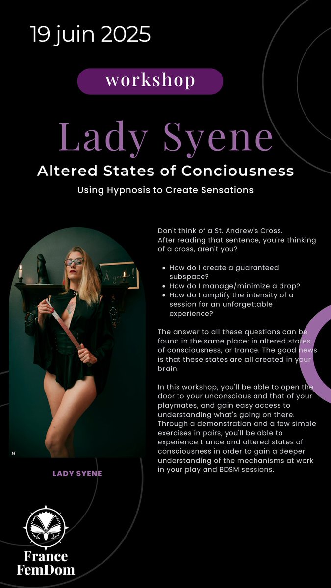 France FemDom (@fetesdesdames) on Twitter photo Come explore the Altered States of Consciousness workshop with <a href="/MistressSyen/">Lady Syene</a> at France FemDom on June 19. Come explore the Altered States of Consciousness workshop with <a href="/MistressSyen/">Lady Syene</a> at France FemDom on June 19.