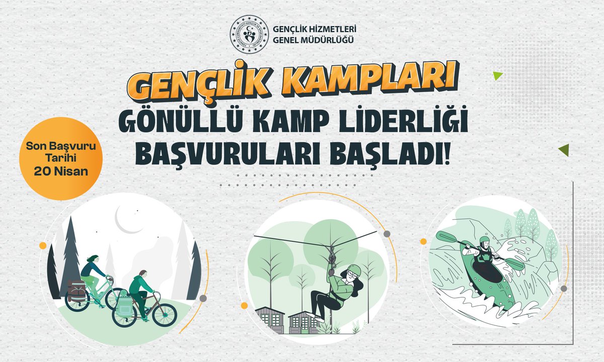 📣 Gönüllü Kamp Liderliği Başvuruları Başladı!!

📆 Son Başvuru Tarihi: 20 Nisan 2025

Başvuru ve Detaylı Bilgi⤵️
gençlikhizmetleri.gov.tr