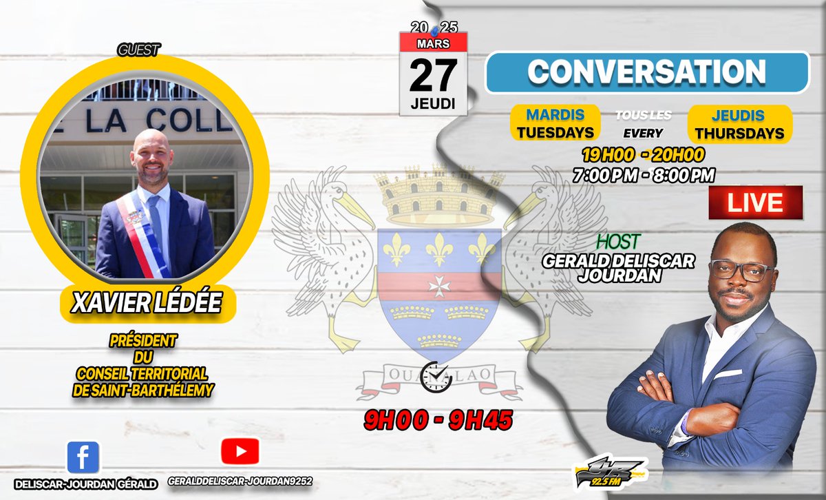GDELISCAR's tweet image. 9H00 CONVERSATION  avec Xaxier LEDEE Président de la Collectivité de Saint-Barthélemy Officiel #stbarth