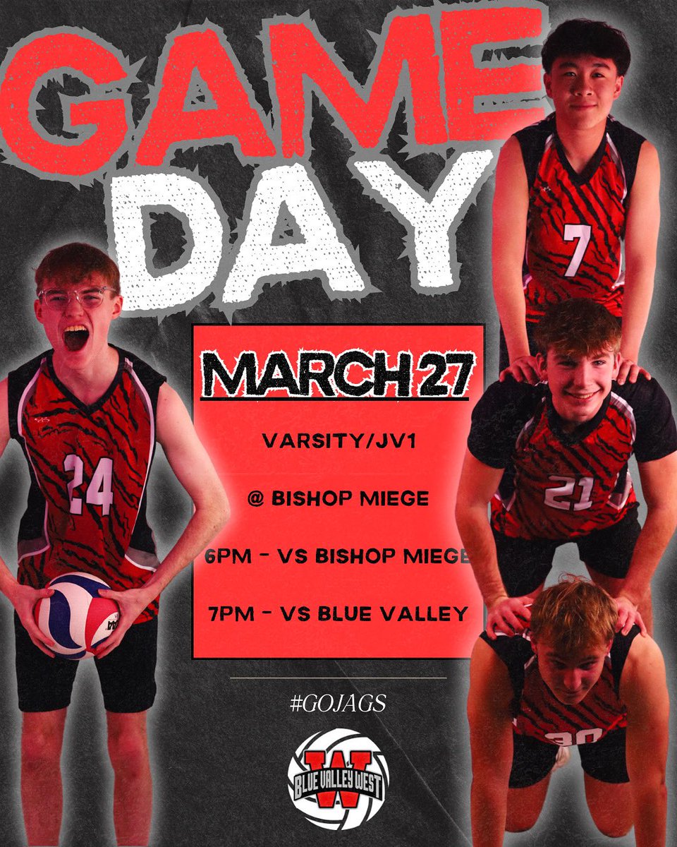 GAME DAY‼️

🗓️ March 27
🐾 V/JV1
📍 Bishop Miege
⏰ 6pm/7pm
🆚 Bishop Miege/Blue Valley

#bvwbvb🏐 #gojags🐾