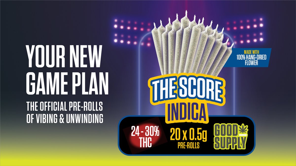 tilray's tweet photo. Unwind with @GoodSupplyCan's The Score Indica 20-Pack Pre-Rolls. Enjoy 20 x 0.5g pre-rolls with 24-30% THC. Milled from hang-dried whole buds, check for the unique rotating strain within. 

This social media post is on behalf of Aphria Inc. as licensed producer. $TLRY https://t.co/YoPWNCwWCw
