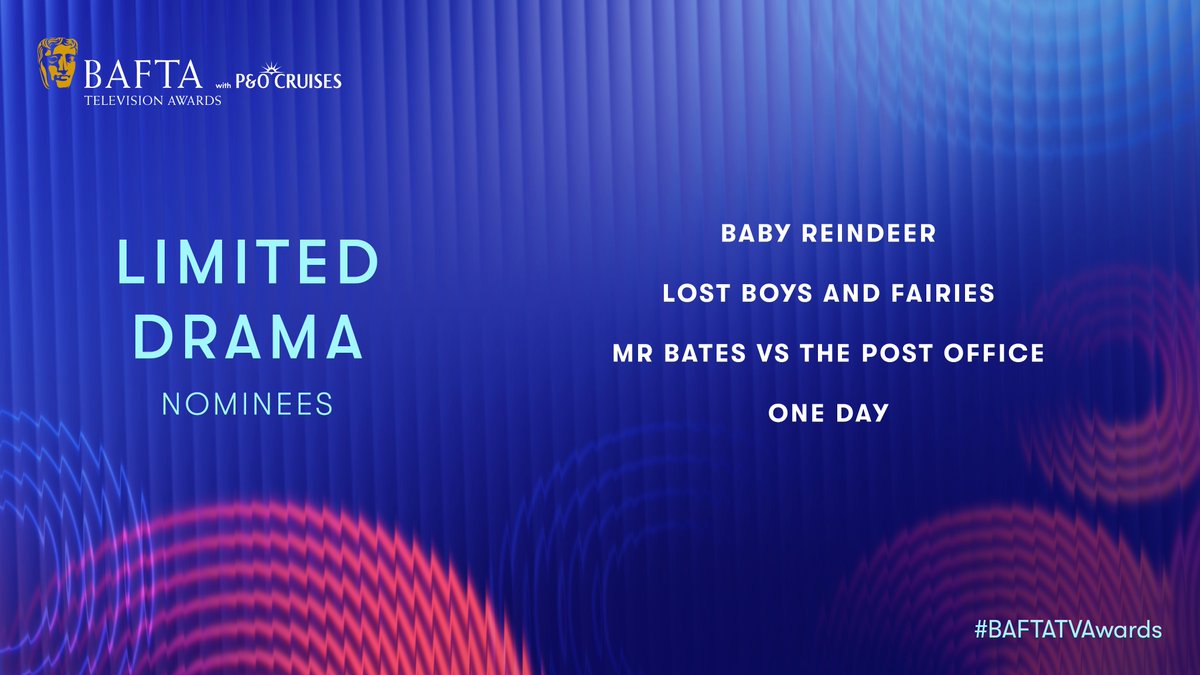 BAFTA (@bafta) on Twitter photo The Limited Drama nominees are…
🎬 BABY REINDEER
🎬 LOST BOYS AND FAIRIES
🎬 MR BATES VS THE POST OFFICE
🎬 ONE DAY
#BAFTATVAwards with <a href="/pandocruises/">P&O Cruises</a> The Limited Drama nominees are…
🎬 BABY REINDEER
🎬 LOST BOYS AND FAIRIES
🎬 MR BATES VS THE POST OFFICE
🎬 ONE DAY
#BAFTATVAwards with <a href="/pandocruises/">P&O Cruises</a>