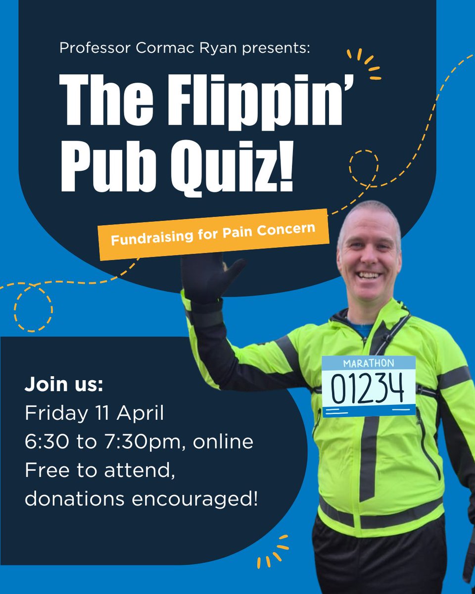 📢 Join Our Flippin' Pub Quiz Fundraiser! 

This time next month, Prof Cormac is running the London Marathon for <a href="/PainConcern/">Pain Concern</a>. 

And we're hosting a fun online quiz to support his cause! 🏃‍♂️💙

🗓️ April 11 | ⏰ 6:30 PM | 🎟️ FREE to join

Sign up &amp; support: eventbrite.com/e/1299775005029