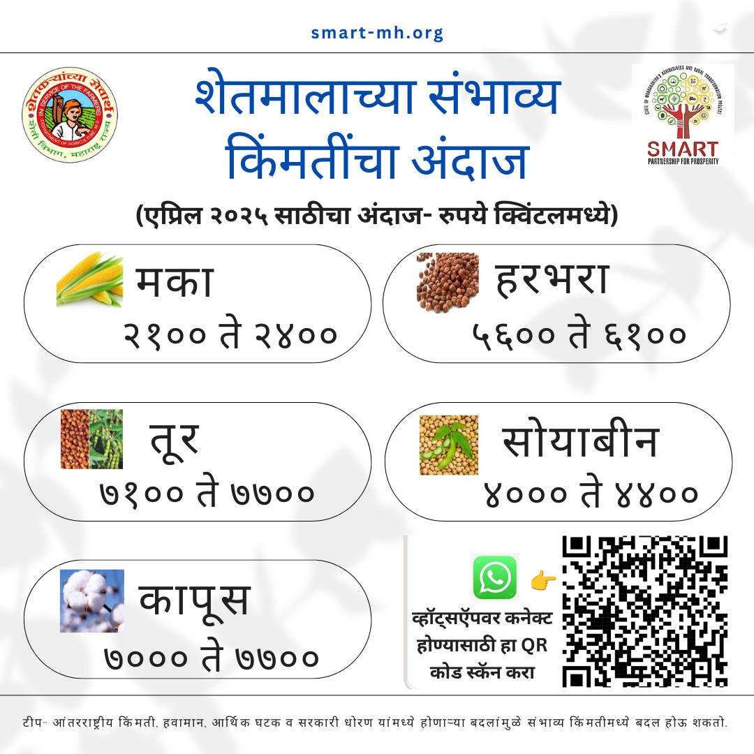 📊 शेतमालाच्या संभाव्य किमतींचा अंदाज यभाव्य किंमतींचा अंदाज – एप्रिल २०२५

#शेतकरी #कृषि_बाजार #संभाव्य_किंमती #SmartProject #AgriBusiness #MarketTrends