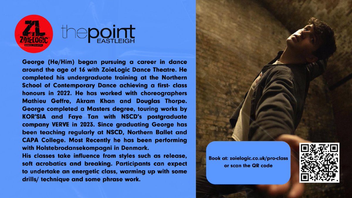 Join us for April's Pro Class, led by George Burton!⁠
⁠
📍The Point Eastleigh⁠
🗓️Monday 28th April
⏰19.30pm-20.45pm⁠
⁠
🎟️ book: zoielogic.co.uk/pro-class/
💰£5⁠
⁠
Pro Classes are regular dance classes for experienced dancers. Whether you’re studying, working in the arts, or