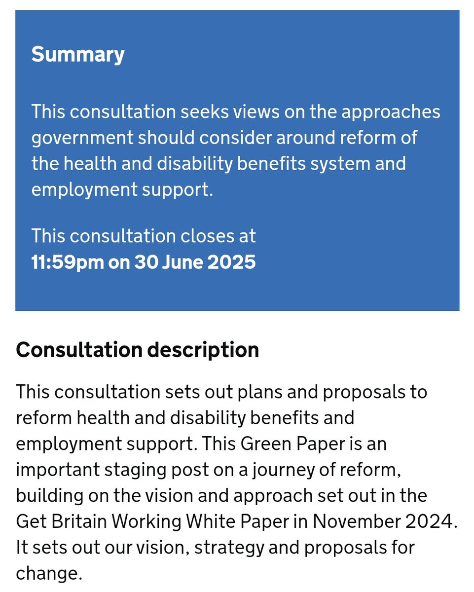 ChirpyChet's tweet photo. Pathways to Work: Reforming Benefits and Support to Get Britain Working Green Paper

Consultation closes 11:59pm on 30 June 2025

⚠️ Fill it in ASAP &amp; RT

Direct Link to form: 
https://t.co/OzxmdHGqHM

Site with links to accessible formats, address, email:
https://t.co/E61AjX6GIj https://t.co/HckxEfmphU