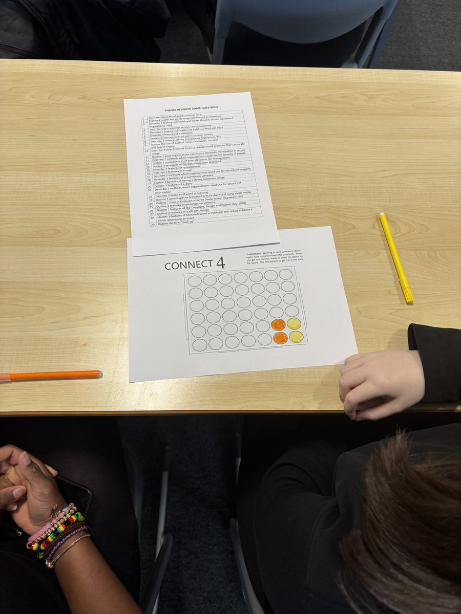 After a successful snakes and ladders revision session last week, N5 AIT learners are self and peer assessing their theory knowledge with an Connect 4 activity today 🎯👾 #determination <a href="/clydeview_a/">Clydeview Academy</a>