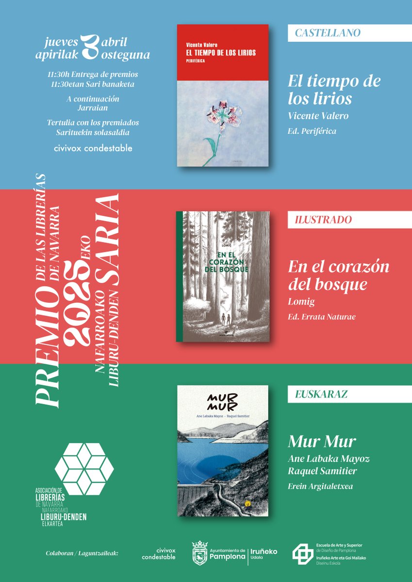 Muchísimas gracias a los libreros y libreras de Navarra por este premio tan valioso y especial para «El tiempo de los lirios», de Vicente Valero
<a href="/libnavarra/">Asociación Librerías de Navarra</a> 

Nuestra enhorabuena al resto de autoras y autores y a las demás editoriales.
