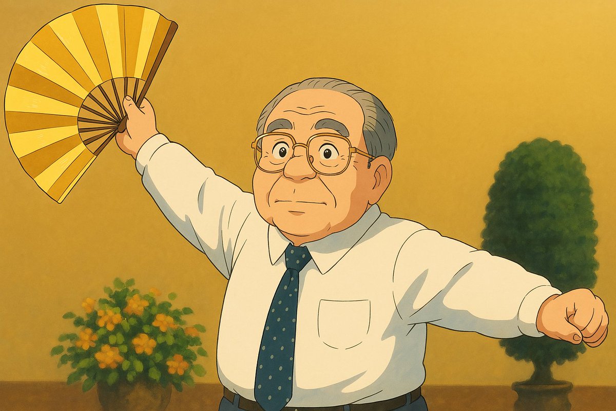 paimonloveuncle's tweet image. 扇を振る老人(特定個人を指すものではない)の絵です。