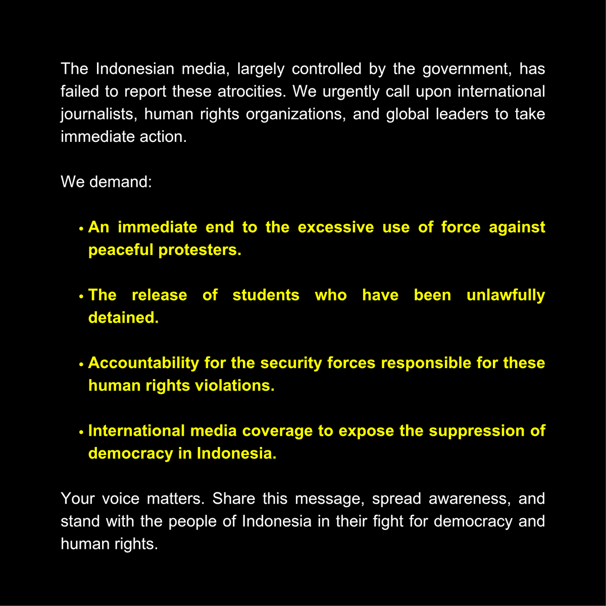 ❗CALLING TO ALL INTERNATIONAL COMMUNITY, JOURNALIST &amp; MEDIA ❗

Please, we need the world to watch, support and stand in solidarity with the people of Indonesia. 🇮🇩

#CabutUUTNI #GagalkanUUTNI #TolakUUTNI