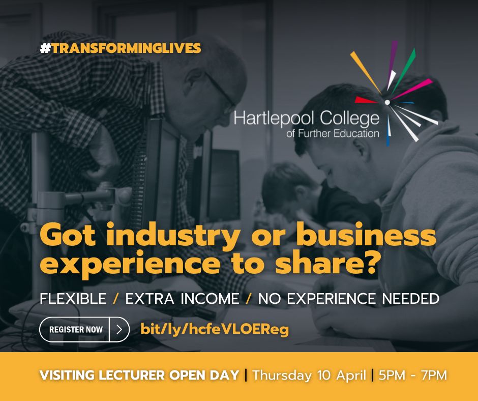 Hartlepool College (@hartlepoolfe) on Twitter photo Do you have industry experience?   
Put it to good use in Further Education!   
Thursday 10 April  / 5–7pm   
- Flexible & rewarding  
- No teaching experience needed   
Register:  bit.ly/hcfeVLOEReg
#TransformingLives #VisitingLecturers Do you have industry experience?   
Put it to good use in Further Education!   
Thursday 10 April  / 5–7pm   
- Flexible & rewarding  
- No teaching experience needed   
Register:  bit.ly/hcfeVLOEReg
#TransformingLives #VisitingLecturers