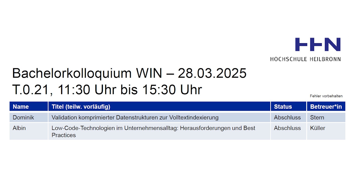Im #Bachelorkolloquium präsentieren auch in diesem Semester unsere Studierenden, mit was sie sich in ihren Abschlussarbeiten beschäftigen. Am morgigen Freitag wird dementsprechend unter anderem über #Datenstrukturen und #LowCode referiert. Interessierte sind herzlich willkommen.