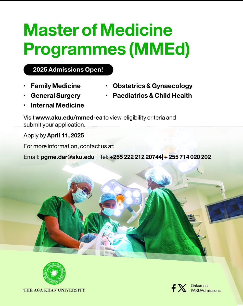 Admissions for the Master of Medicine (MMed) programme at our Dar es Salaam campus close on April 11! Visit aku.edu/mcea/pgme/Page… to submit your application. #AKUAdmissions