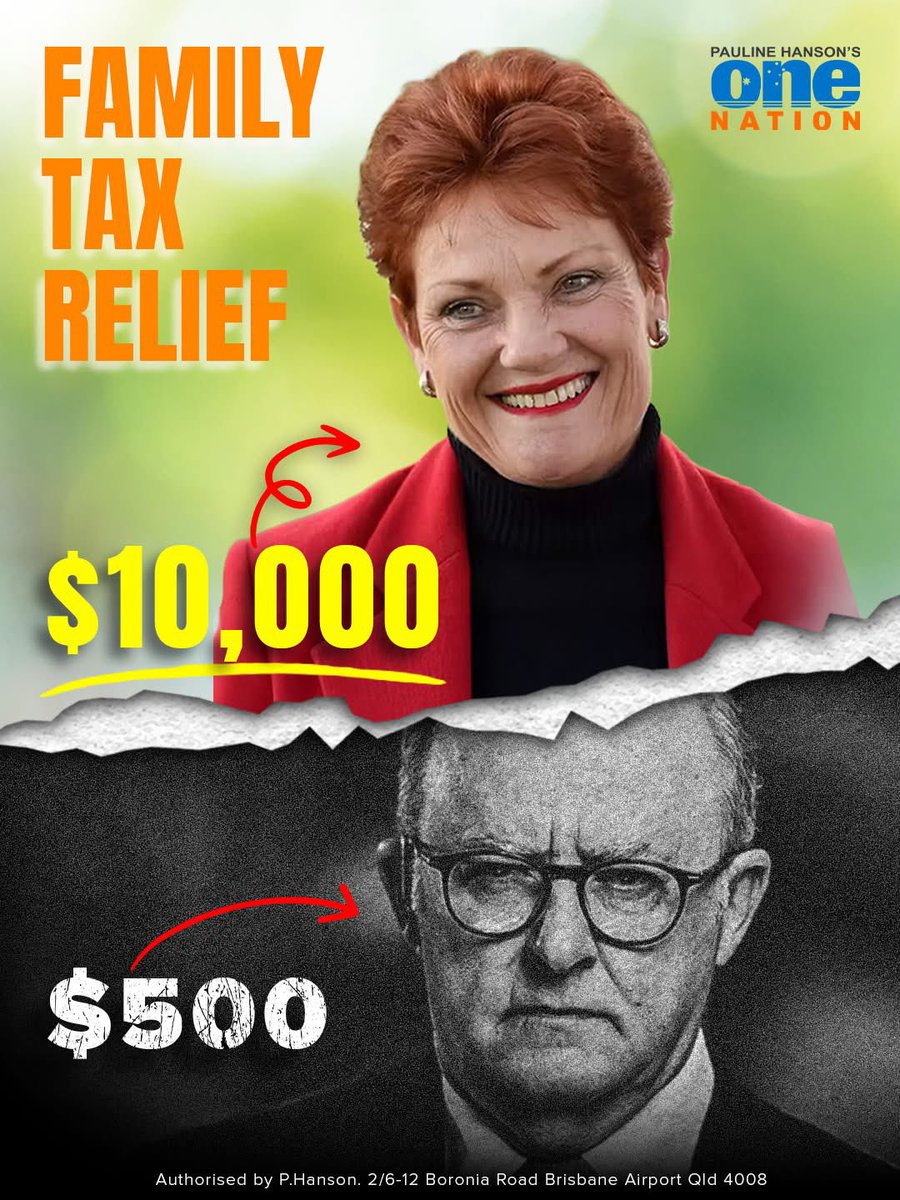 One Nation is committed to easing the financial burden on families. Our policy will reduce your tax bill by up to $10,000 a year or more, thanks to income splitting between couples—a family-focused approach that works.

Contrast that with Labor’s budget—where they only managed to